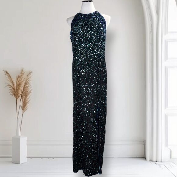 Vintage 90s Sequin Formal Prom Evening Dress Size L Halter Neck Thigh Slit - Picture 1 of 16